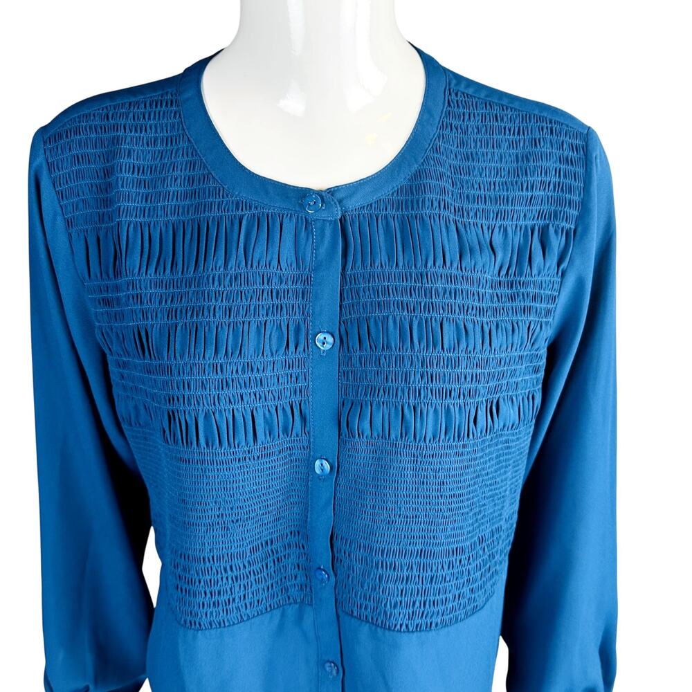 Joan Rivers Womans Sz Medium Blouse Long Sleeve Button Texture Tunic Blue Green - Picture 3 of 7